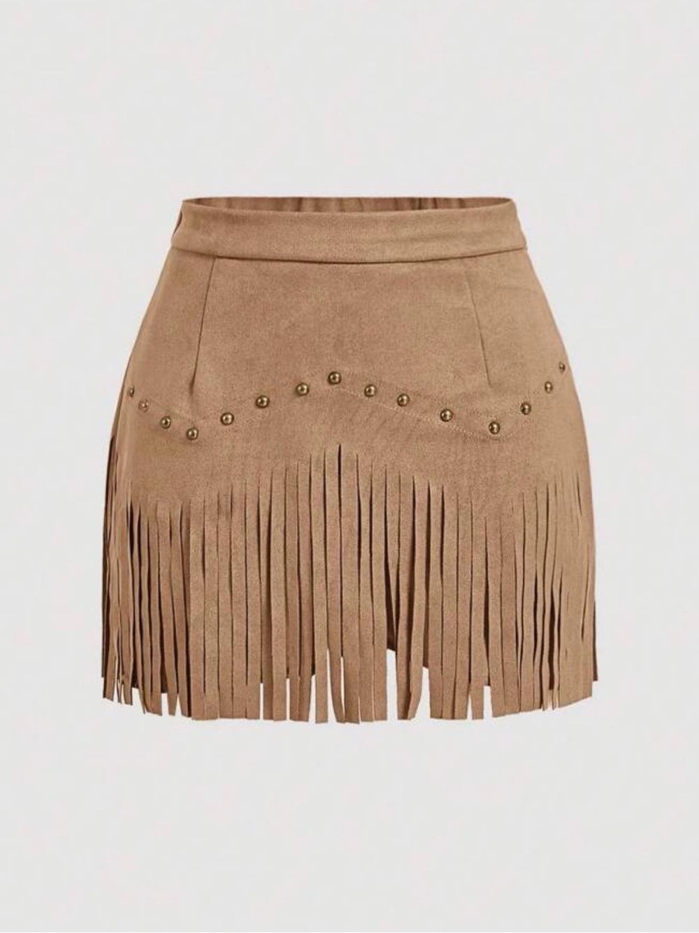 Fringe Mini Skirt with Stud Detail - Tan